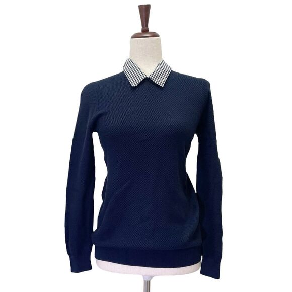 NWT J. Crew Gingham Collar Sweater Navy Blue Pique Knit Pullover Size XS NEW - Picture 14 of 14